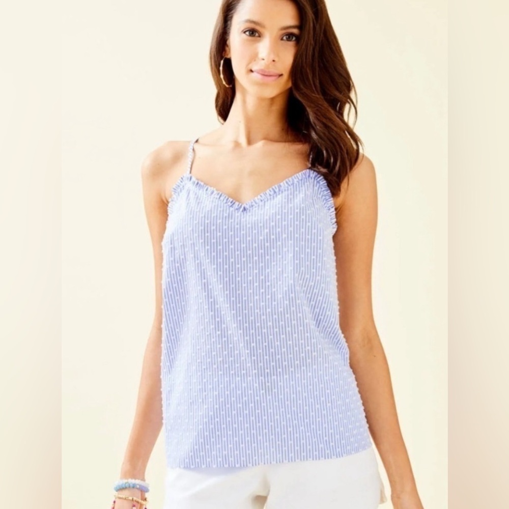 Lilly Pulitzer NWT Ruffled Dusk Top Blue and White Striped Sleeveless
